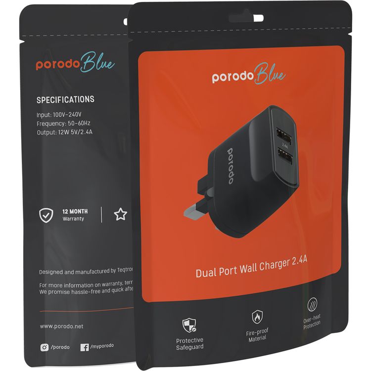 Porodo Blue Dual Port Wall Charger 2.4A with Fireproof Material, EU 2-Pin Plug, Overheat Protection, Overheat Protection, 100-240V Input - Black