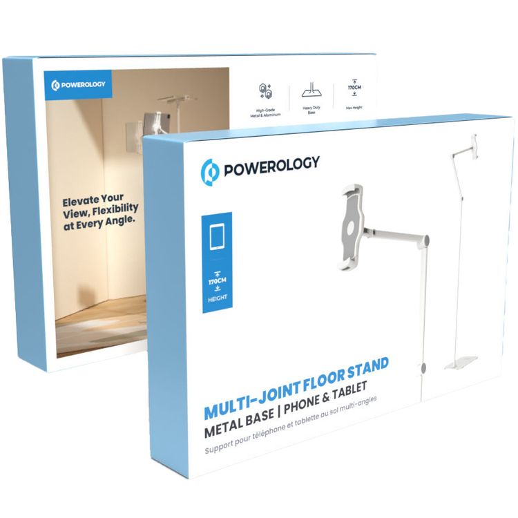 Powerology Adjustable & Rotatable Tablet Stand with Metal Base, Compatible with 4.7" to 12.9" Phones & Tablets, 360° Rotating Head, Telescopic & Flexible Arm Design, 170 cm Height, Heavy Base - White