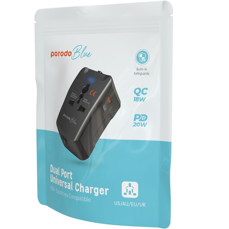 Porodo Blue Dual Port 20W Power Delivery and 18W Quick Charge Universal Wall Charger with US/AU/EU/UK Plugs, Built-in Safeguards - Black