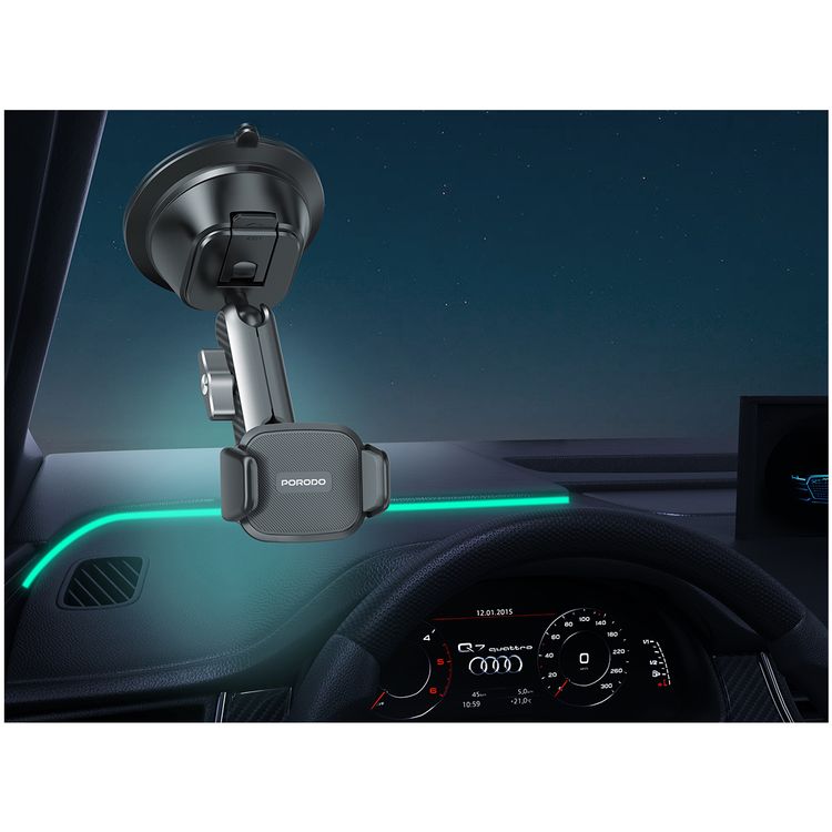 Porodo Cradle Suction Cup Non-Gel Pad Phone Mount with 360° Rotating Ball Joint, Universal Compatibility, Horizontal & Vertical - Black