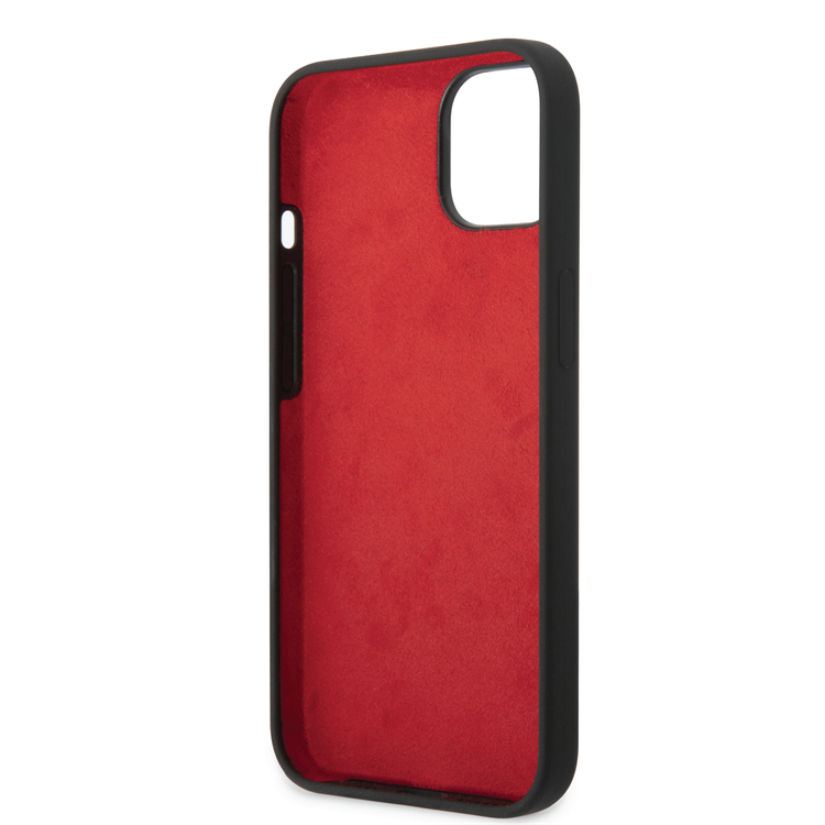 Ferrari Liquid Silicone Case with Black Camera Outline & Metal Logo iPhone 14 Compatibility - Black