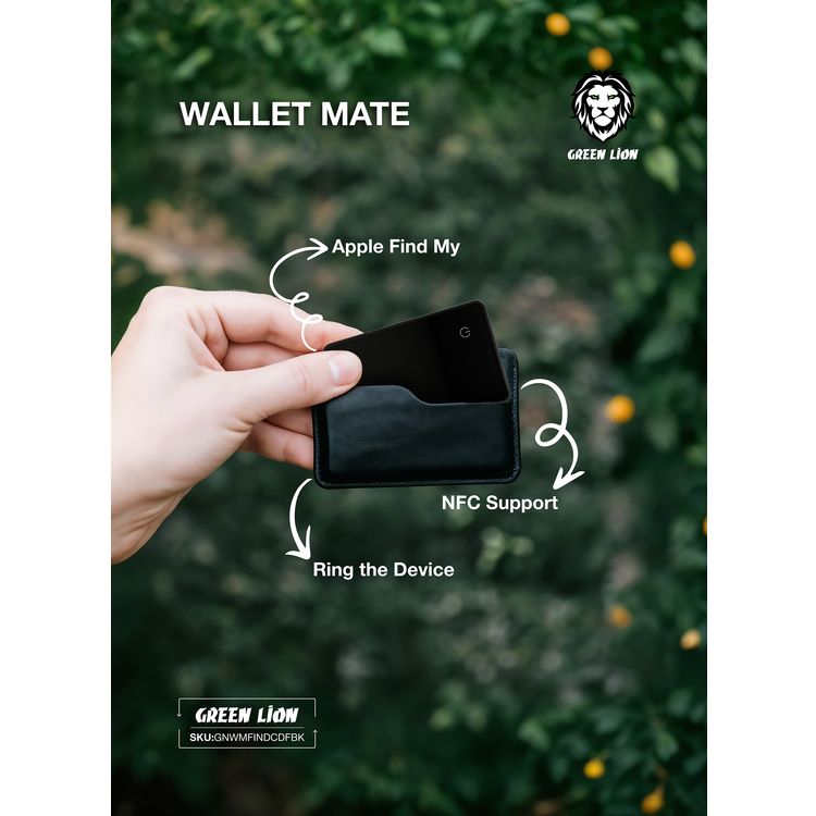 Green Lion Wallet Mate Card Finder with Aluminum Frame & Glass Material, 540mAh Battery Capacity, Primary Lithium Battery Type, Water Resistant, Thin & Durable, 2 Years Battery Life - Black
