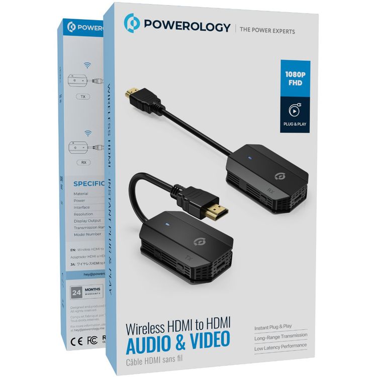 Powerology Wireless HDMI to HDMI Adapter for Audio & Video with 30m Transmission Range, ABS Material, 1080P Resolution, Low Latency, Plug and Play - Black