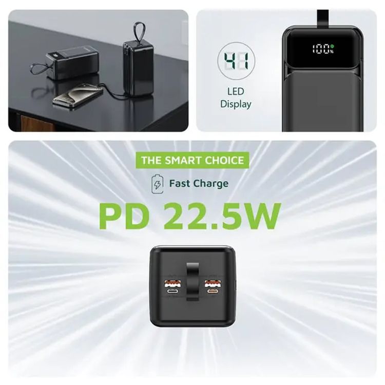 Green Lion Power Tank 50000mAh Power Bank with Built-in Cables, 22.5W Power Delivery, Fast Charging Support, LED Display, Long Battery Life, Portable - Black