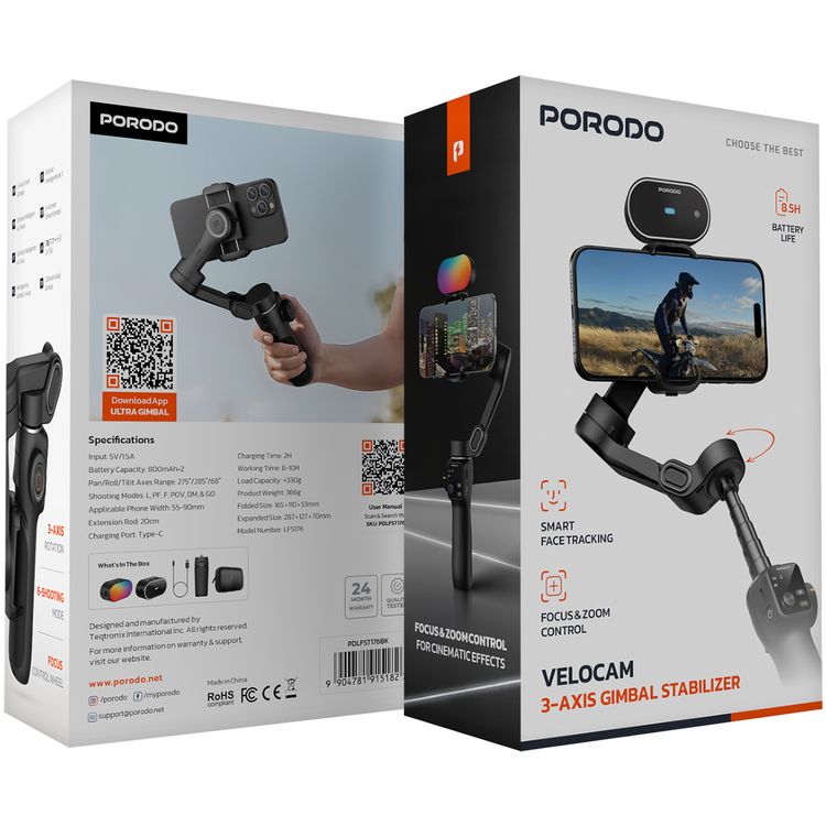 Porodo Velocam 3-Axis Gimbal Stabilizer with 6 Shooting Modes, Up to 10 Hours Working Time, USB-C Charging Port, 20cm Extension Rod, 2×800mAh Batteries, Foldable Design, Smart Face Tracking, Focus Control Wheel - Black