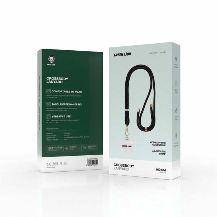 Green Lion Crossbody Lanyard Compatible with Mobile Phones, Soft & Durable, Hands-Free Convenience, Tangle-Free Handling, Adjustable 160cm Strap, Safe & Secure - Black