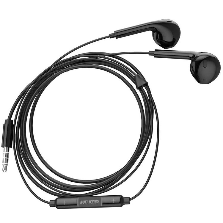Green Lion Stereo Earphones with Built-in Microphone, 14mm Speaker, 1.2m Cable Length, 3.5mm Audio Jack, Control Buttons - Black
