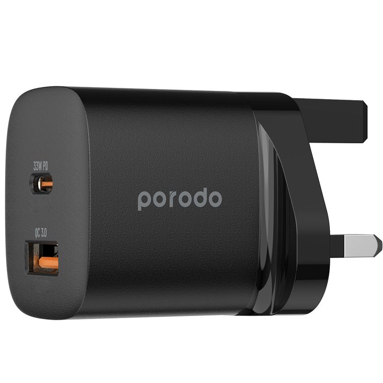 Porodo GaN Quick Charger Power Adapter with 33W Power Delivery, Simultaneous Charging, 30W USB-A Output, UK 3-Pin Plug, 0% to 60% Charge in 35 Minutes, Fast Charging Support - Black
