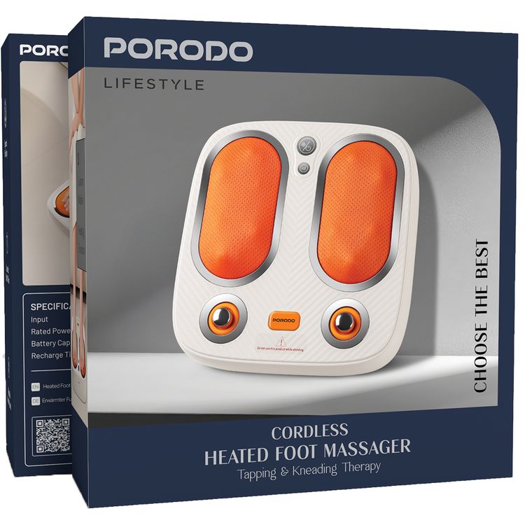 Porodo Cordless Heated Foot Massager with Adjustable Intensity Level, Automatic Shut-Off Timer, Ergonomic Foot Design, 3 Custom Modes, 2 Hours Working Time, 2500mAh Battery Capacity, USB-C Charging Port, Up to 2700RPM Motor Speed - White 