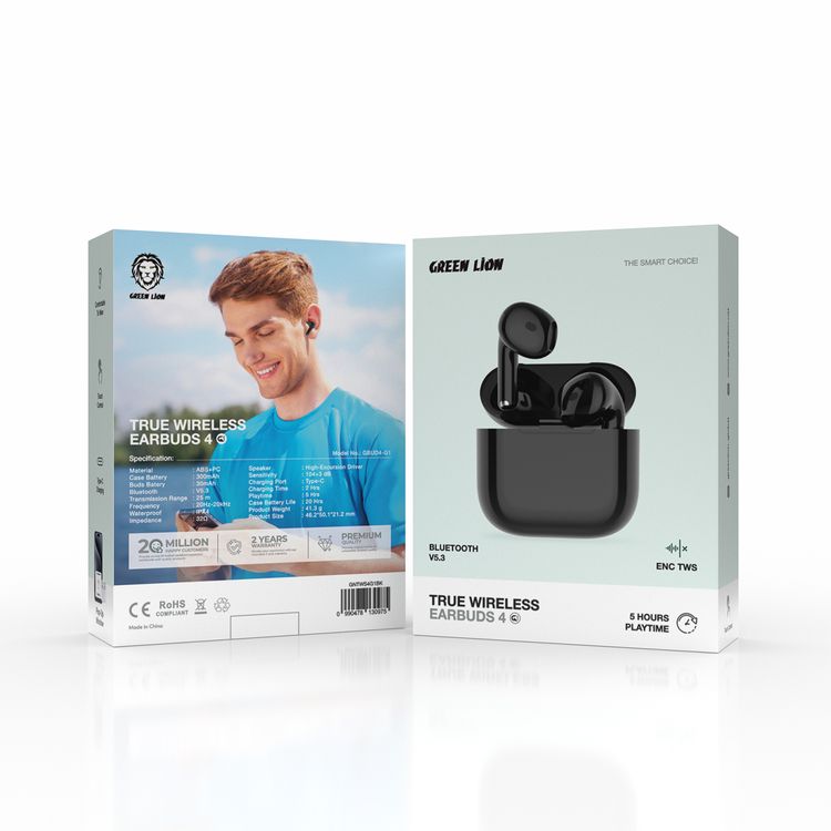Green Lion True Wireless 4 G1 Earbuds with Touch Control, IPX4 Waterproof, Pop-Up Window, Comfortable to Wear, ENC, 25m Transmission Range - Black