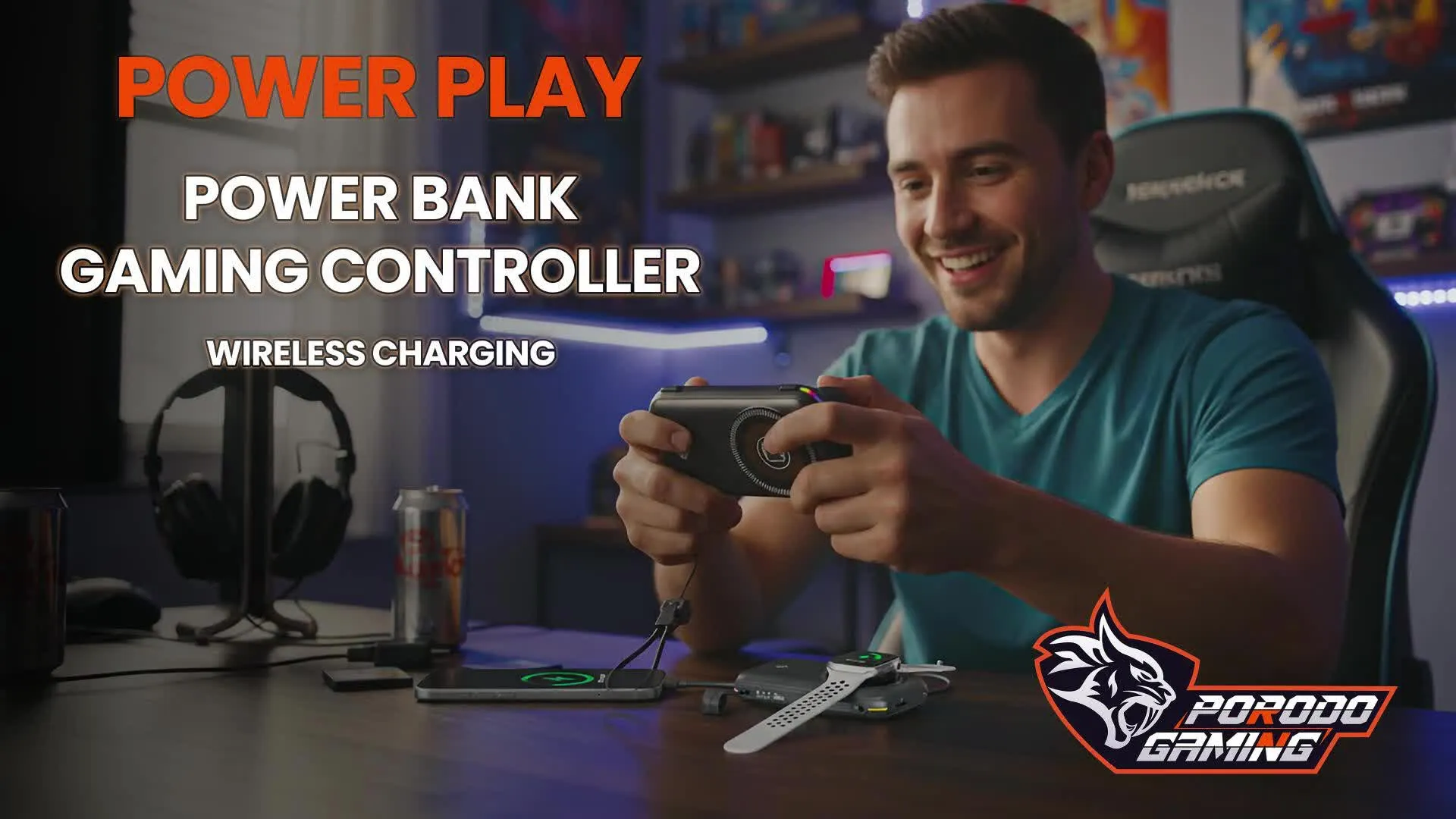 Porodo Gaming Powerplay Power Bank Gaming Controller with LED Light, Lightweight & Portable, 3D Dual Joystick, 2.8" Display Size, PD 20W Fast Charging, 15W Wireless Charging, 12 Hours Working Time, Simultaneous Charging, 4000 TF-Game, USB-C Port - Gray