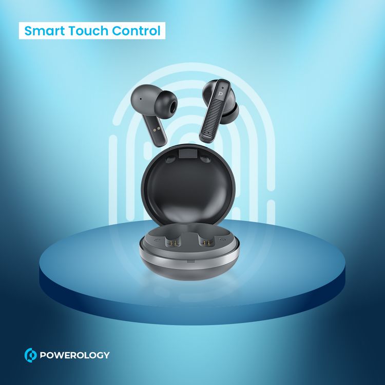 Powerology TWS Earbuds with Quad Mic ENC, 6h Playtime, Bluetooth 5.3, 30minutes Charging Time, 10m Transmission Distance, Type-C Port, Smart Touch Control, Wireless Charging - Black
