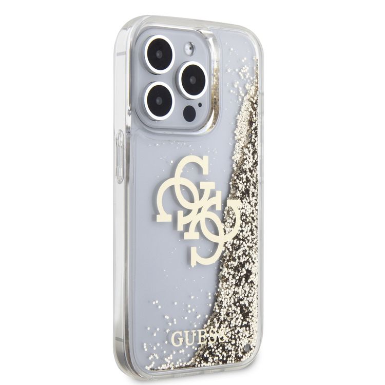 Guess Liquid Glitter Case with 4G Electroplated Logo - Gold - iPhone 15 Pro