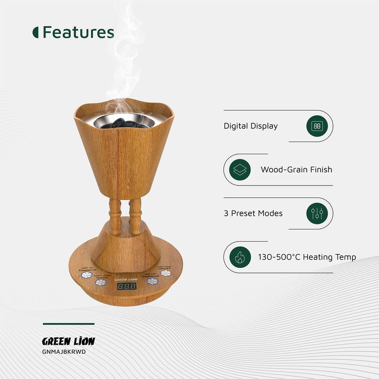 Green Lion Majlis Electric Bakhour Burner with Detachable Base, Digital Display, Countdown Timer, Ceramic Heating Base, Wood-Grain Finish, Safety Cut-Off, 15mL Oil Capacity - Wooden