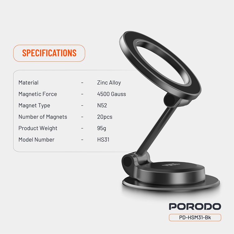 Porodo MagLock MagSafe Phone Mount with Zinc Alloy Material, N52 Magnets, Multi-Angle Adjustment, Folding Design, Strong Magnetic Hold - Black