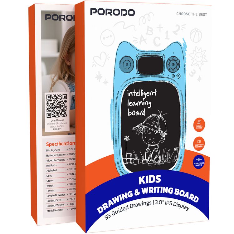 Porodo Kids لرسم وكتابة الأطفال مع لوحة تحتوي على 95 رسمة موجهة، شاشة IPS مقاس 3.0"، تسجيل فيديو بدقة 1080P، سعة بطارية 1200mAh - اللون الأزرق