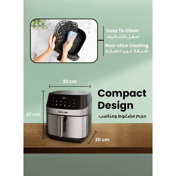Green Lion Deluxe Air Fryer with LED Touch Screen, 8L Capacity, Up to 60 Minutes Frying Time, 10 Preset Programs, Rapid Air Circulation, 2200W Power, Non-Stick Coating - Black
