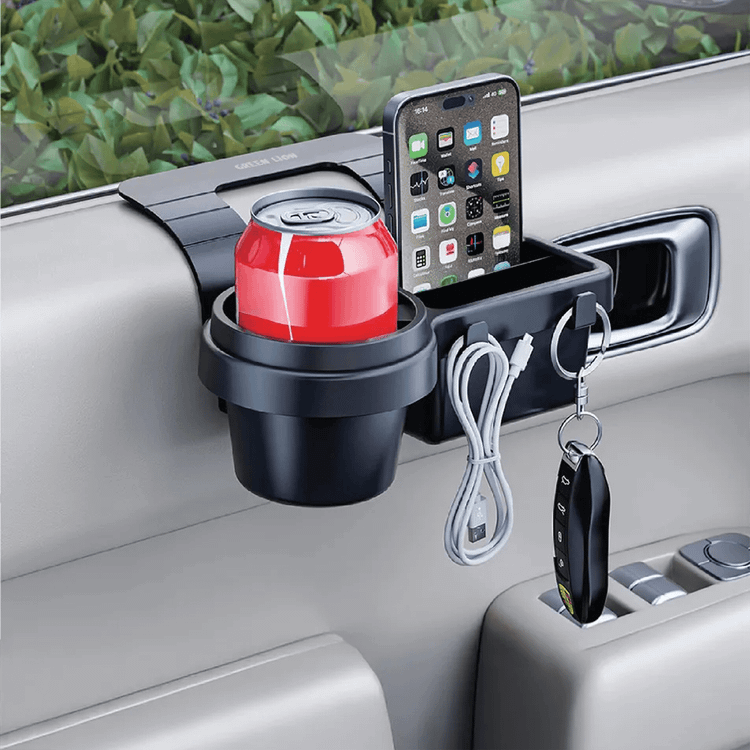 Green Lion Car Window Organizer with Stable & Secure Grip, Anti-Shake Key, Cup & Phone Holder, Storage Box, Charging Cable Slot, Safe for Car Windows, Universal Fit, Hanging Hooks, Adjustable Foam Pads, Space Saving Design - Black