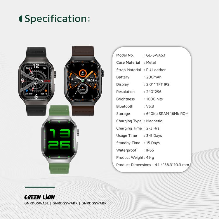 Green Lion Ridge Smart Watch with Magnetic Charging, Bluetooth Calls, Music Player, Health Monitoring, Metal Case Material, PU Leather Strap Material - Black / Brown
