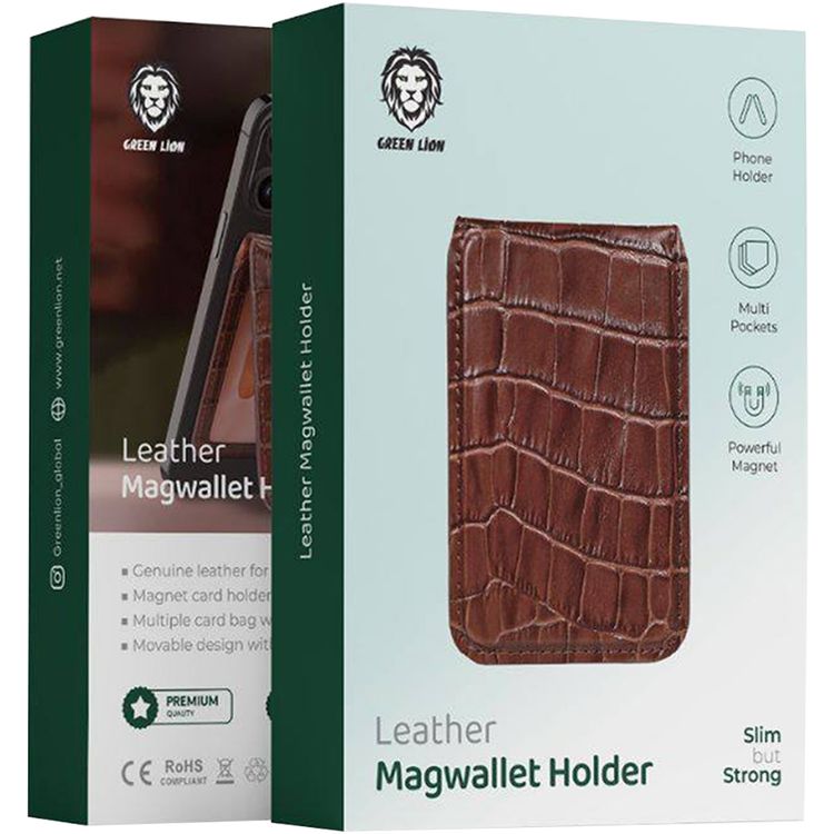Green Lion Mag Wallet Holder with Genuine Leather Material, Phone Holder, Multiple Pockets, Powerful magnet, Strong & Slim Design - Brown