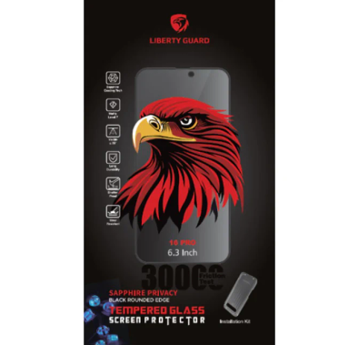 واقي شاشة Liberty Guard Sapphire Privacy لهاتف iPhone 16 Pro بحواف سوداء، زجاج مقسّى، حافة مستديرة 2.5D، مستوى MoHs 7، مقاوم للخدش 30000 مرة، طلاء كهربائي فراغي، مضاد للخدش، مضاد لبصمات الأصابع، وظيفة مضادة للكهرباء الساكنة، رفيع للغاية - أسود