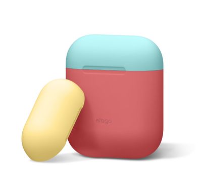 Elago Duo Silicone Case with Apple AirPods Case 1 & 2, Supports Wireless Chargers, Drop Resistant, Dustproof and Absorbing Protective Cover Body-Italian Rose / Top-Coral Blue ,Yellow