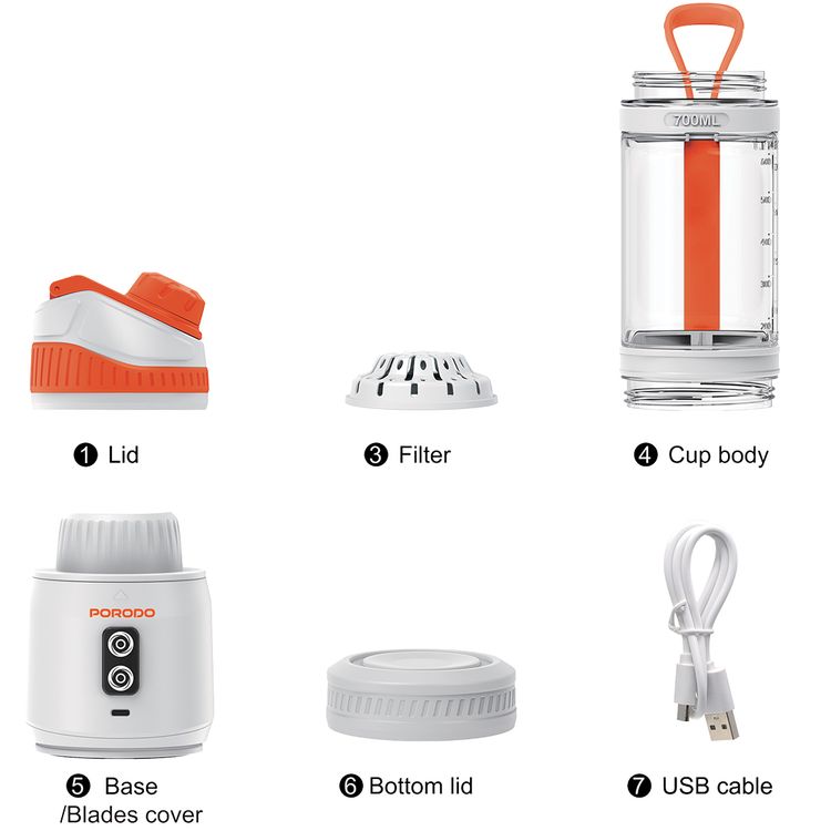 Porodo Lifestyle Nutrimix Dual-Spin Blender with 700mL Jar Capacity, Tritan Jar Material, 304 Stainless Steel Blade Material, 3× 2000mAh Battery Capacity, 3 Hours Charging Time, 30 Seconds Per Cycle Single Working Time, Safety Blade Cover - White