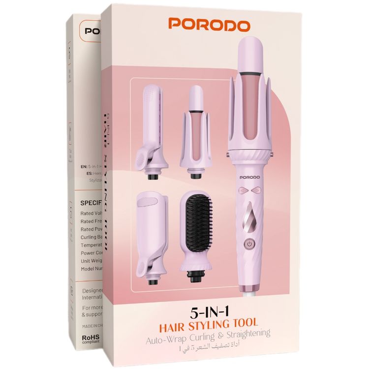 Porodo 5-in-1 Hair Styling Tool with Auto-Warp Curling & Straightening, 5 Heat Levels, Safe Auto Shut-Off, 5 Styling Modes, PTC Even Heating - Pink