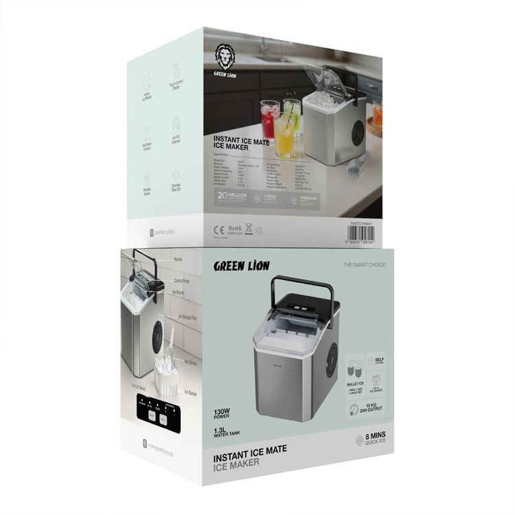 صانع الثلج الفوري جرين ليون آيس ميت مع شاشة تحكم باللمس، قدرة طاقة مصنفة 130 واط، سعة خزان مياه 1.3 لتر، سعة سلة الثلج 0.5 كجم، قابس BS بطول 1.2 متر، رصاصات صغيرة وكبيرة، مؤشر إضافة الماء ومؤشر امتلاء الثلج.