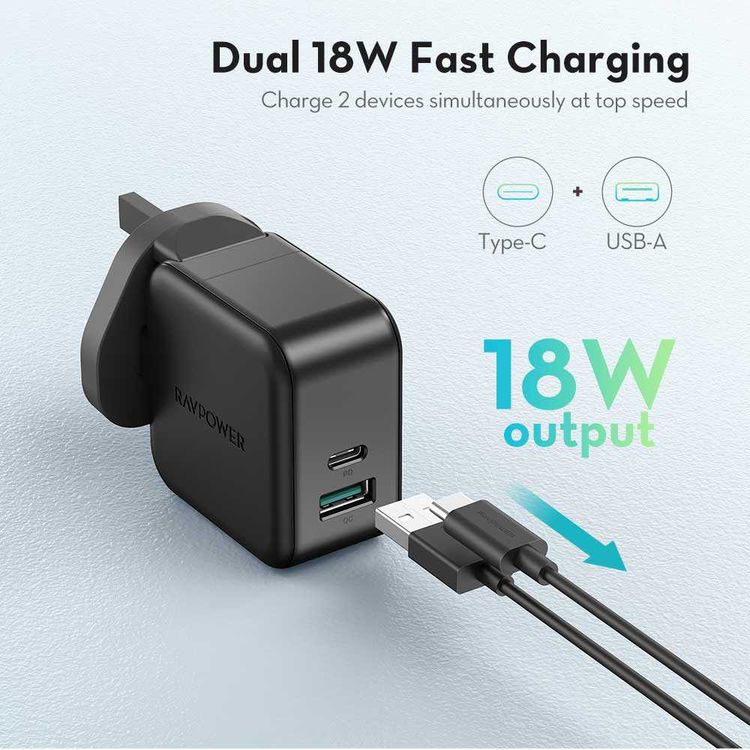 RAVPower 2-Port PD Pioneer Wall Charger 18W UK - Black