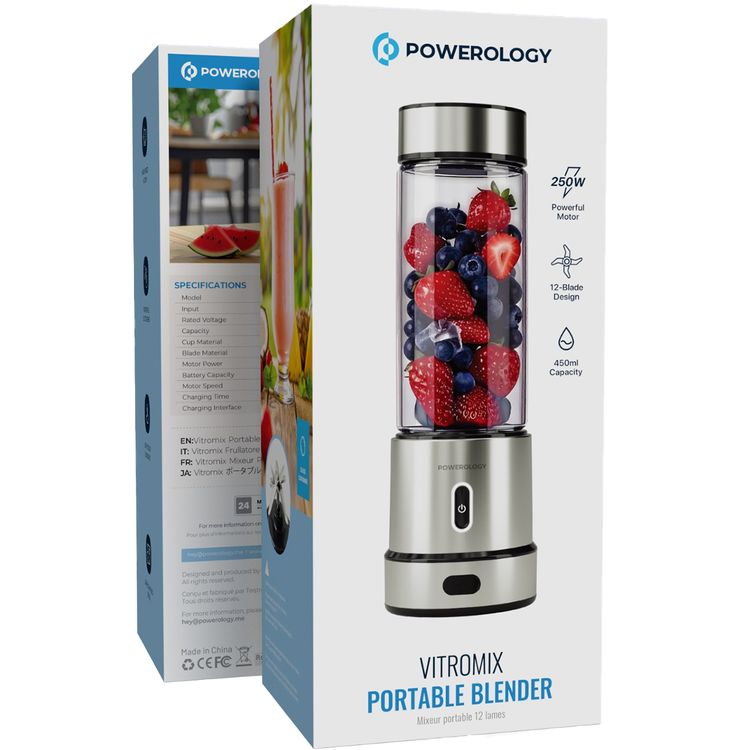Powerology Vitromix Portable Blender with 12-Blade Design, 450mL Capacity, Stainless Steel Blades, 250W Motor Power, Glass Container, 3×2000mAh Battery, One-Touch Blending, 21000RPM Motor Speed, Powerful Ice Crusher - Silver