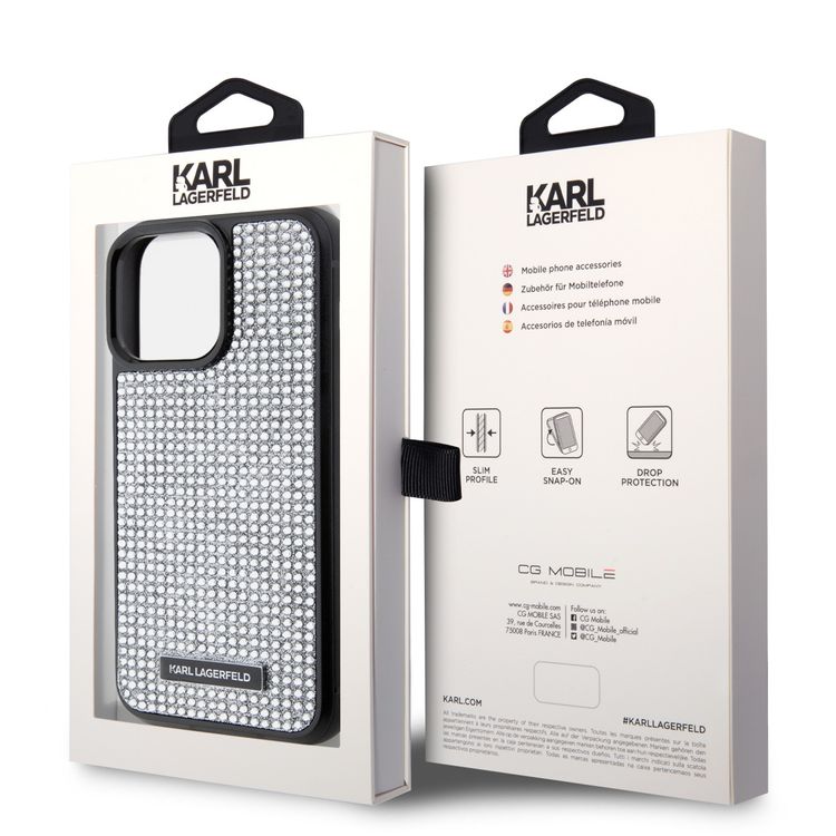 Karl Lagerfeld Rhinestone with Logo Metal Plate Case for iPhone 15 Pro Max - Silver