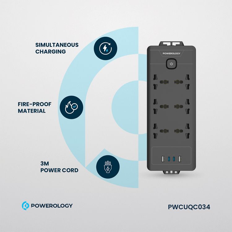 Powerology Power Strip with Power Switch, 20W PD, 3m, UK Plug, 5V/3A Simultaneous Use, 2 USB-C Ports, 2 USB-A Ports, 6 AC Sockets - Black