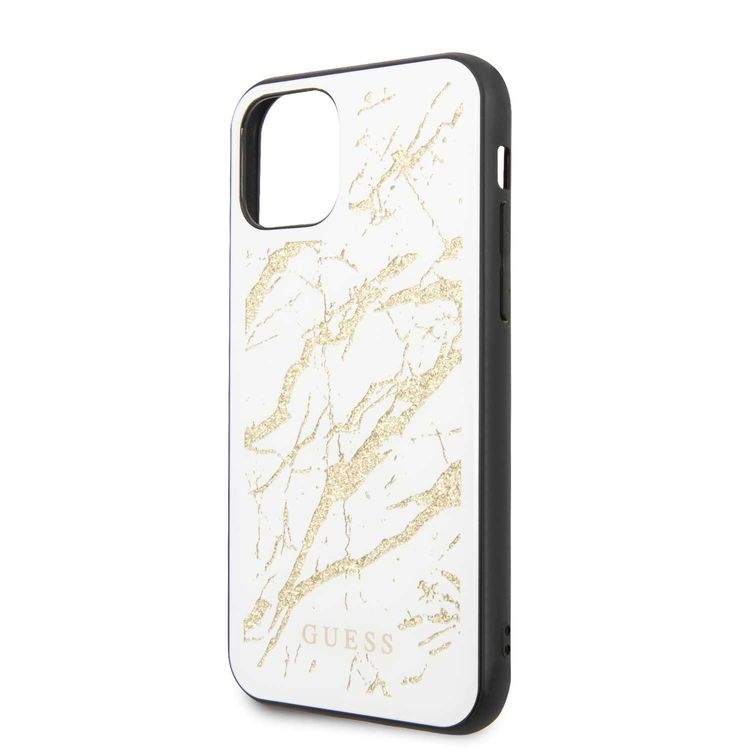 CG MOBILE Guess PC/TPU Layer Gold Glitter Marble Case Compatible with iPhone 11, Minimalist Design, Supports Wireless Charging, Scratch Resistant, Officially Licensed - White