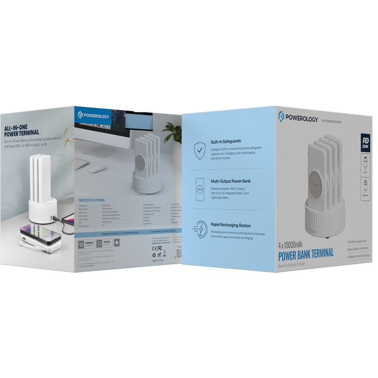 محطة طاقة 4 في 1 من باورولوجي بسعة بطارية 10000 مللي أمبير، وكابل مدمج، ومحطة شحن سريعة، وشاشة عرض طاقة 20 وات، ومخرج لاسلكي 15 وات، وضمانات مدمجة - أبيض