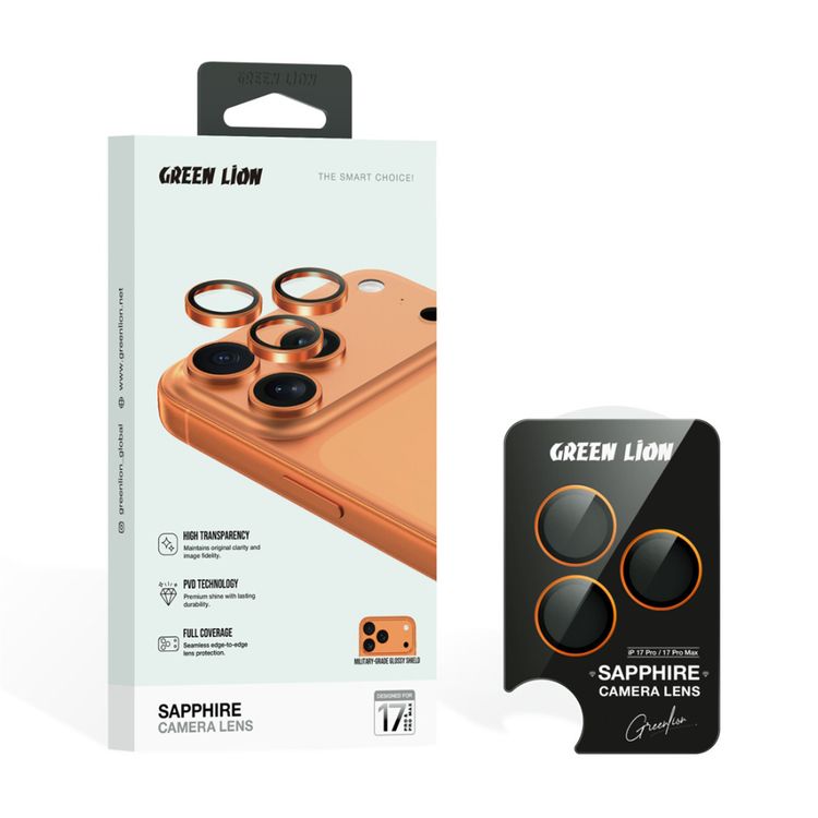 Green Lion Sapphire Camera Lens Protector for iPhone 17 Pro / 17 Pro Max, Full Coverage, PVD Technology, High Transparency, Military-Grade Glossy Shield - Orange Titanium