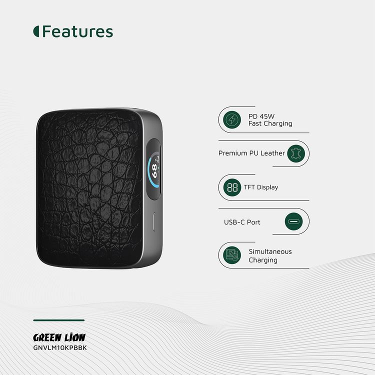 البنك الطاقة الأخضر لايون VALMONT بقوة 10000mAh مع جلد PU فاخر، شحن سريع بقدرة 45W PD، معتمد للرحلات الجوية، شاشة TFT، شحن QC18W - أسود