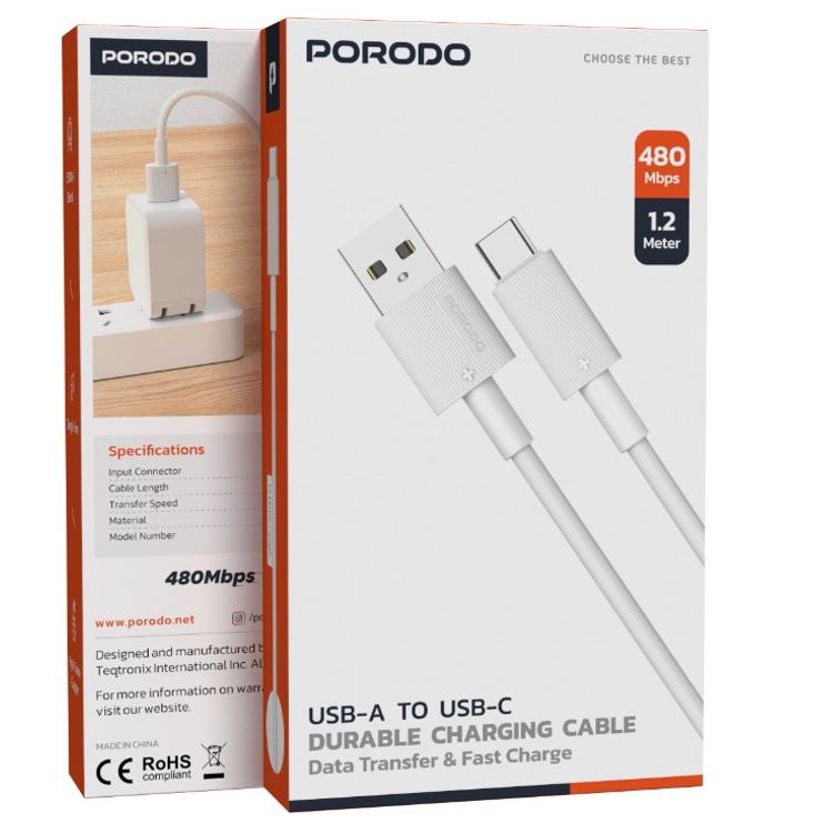Porodo USB-A to USB-C PVC Cable, 480Mbps Transfer Speed, more than 15000 Bends Life Span, 1.2m Cable length, Tangle Free - White