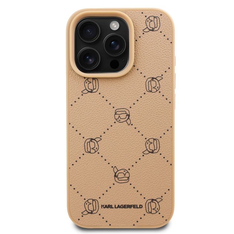 Karl Lagerfeld PU Hard Case for iPhone 16 Pro with Karl Heads, Drop Protection, Slim Profile, Lightweight, Comfortable Grip, Easy Snap-on, Sustainable Packaging - Beige