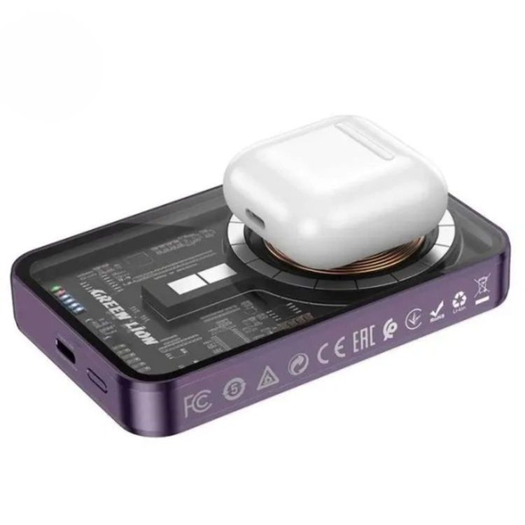 Green Lion 3 in 1  Transparent Magsafe Power Bank, 15W Wireless Output, 5000mAh, PD 20W, Wireless & Type C Output with Leather Stand - Purple