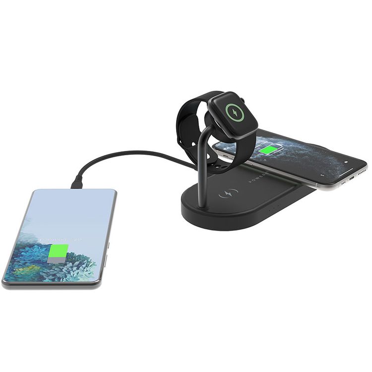 Powerology Portable 4-in-1 Fast Charging Power Dock with 49W Total Output, 60W UK 3-Pin Adapter Included, PowerDash 3.0, Apple Watch Series 1-5 Compatibility - Black