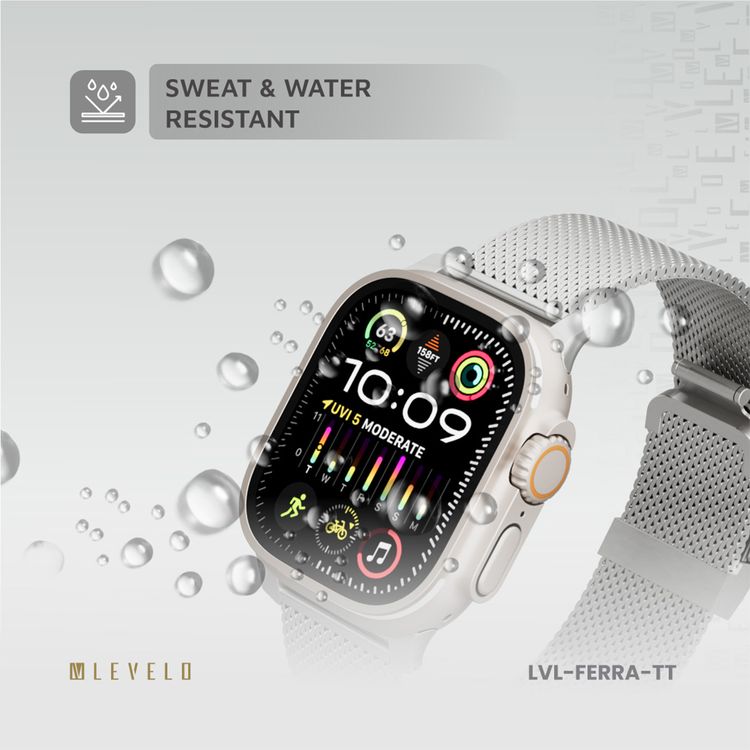 Levelo Ferra Milanese Watch Strap with Adjustable Length, Compatible with 49/46mm Smartwatches & Apple Watch SE, Series 9, 8, 7, 6, 5, Hypoallergenic Material, 24/7 Wearability, Water-Resistant, Anti-Oxidation Technology - Titanium