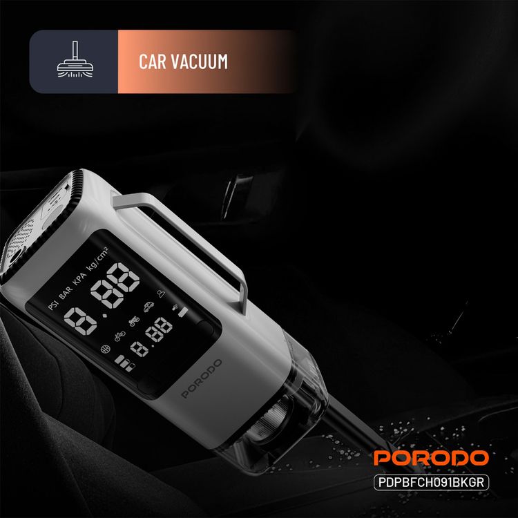 Porodo 6-in-1 Multifunction Power Tool with 8000mAh Power Bank, 1000A Jump Starter, 273m/s Blower, 5000Pa Car Vacuum, 200 Lumens LED Lights with SOS Mode, 22L/min Tire Inflator, 284m/s Suction Speed, 5000Pa Max Pressure, 1m USB-C Cable, 35cm Air Hose Length - Black / Gray