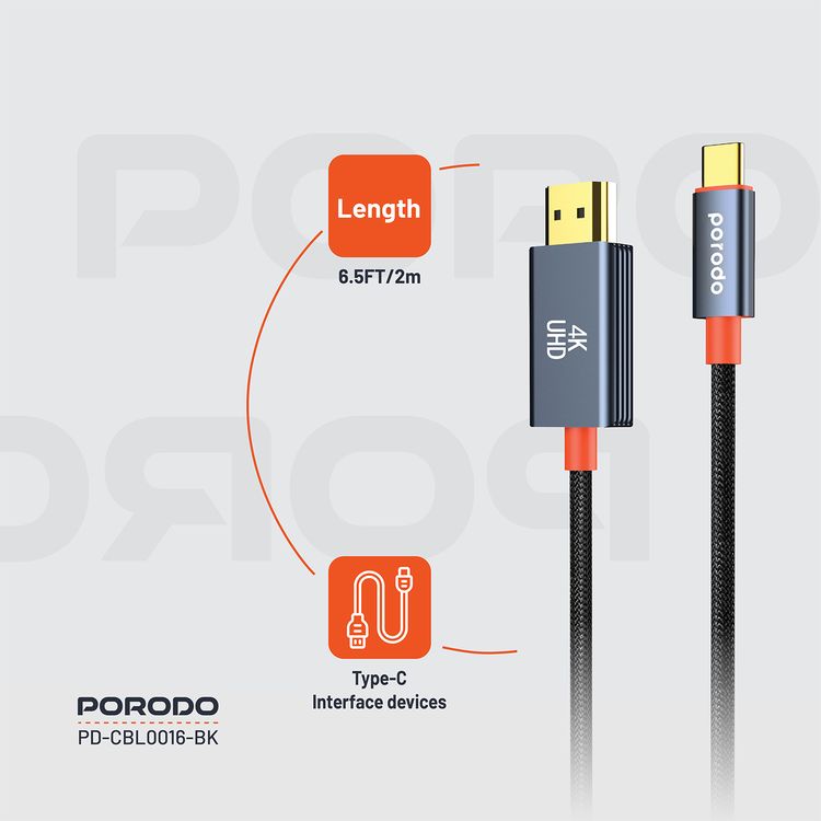 Porodo Aluminum Alloy Woven Cable Type-C to HDMI, 2m Cable Length, Ultra HD 4k Resolution, Plug & Play, Tangle Free - Black