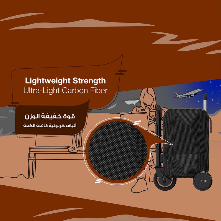 Levelo Spark-E Portable E-Scooter Luggage with Smooth-Rolling Wheels , Ultra-Light Carbon Fiber Construction, TSA Lock, Smart Telescopic Handle, Effortless Travel, Reverse gear, 250W Motor Power, 20L Luggage Capacity,  110kg Max User Weight - Black