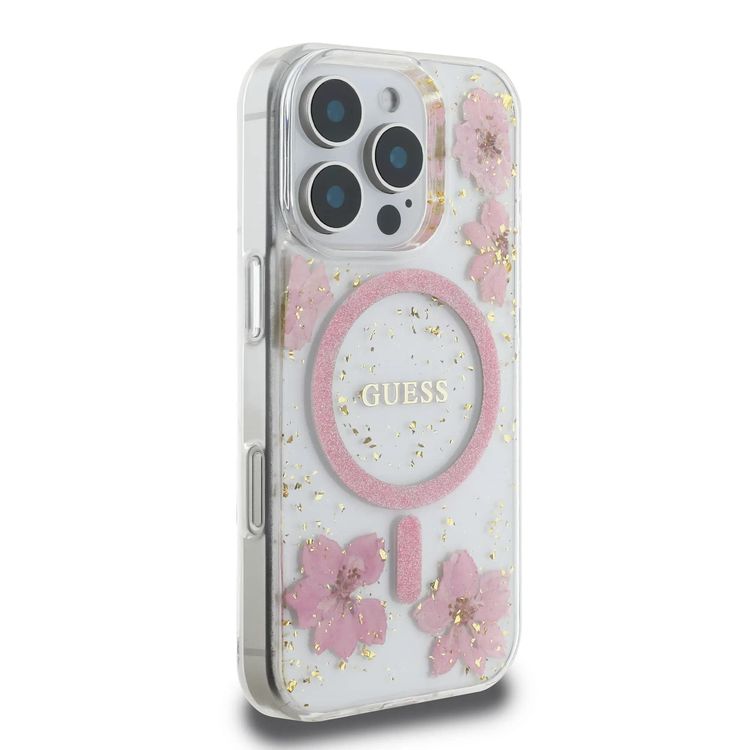 Guess MagSafe Hard Case with Resin Flowers Design for iPhone 16 Pro, Drop protection, Comfortable Grip - Pink