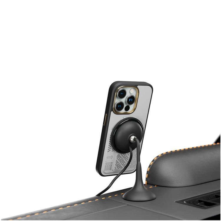 جراب Levelo Morphix Cuero Gripstand لهاتف iPhone 15 Pro Max مع حامل بطاقات، أوضاع متعددة، مادة جلد البولي يوريثان، حواف مقاومة للصدمات - رمادي