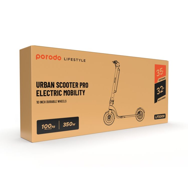 Porodo Lifestyle Urban Scooter Pro Electric Mobility، أقصى حمولة 100 كجم، أقصى سرعة 32 كم/ساعة، أقصى مسافة 35 كم، عجلات متينة 10 بوصة، سعة بطارية 10 أمبير - أسود