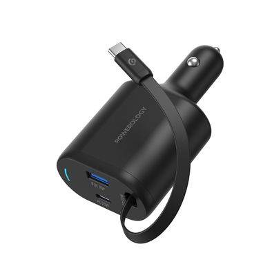 شاحن سيارة Powerology PD20W + QC18W + كابل Type C قابل للتمديد 20 وات بمنفذين بطول 1 متر، مع ضمانات مدمجة