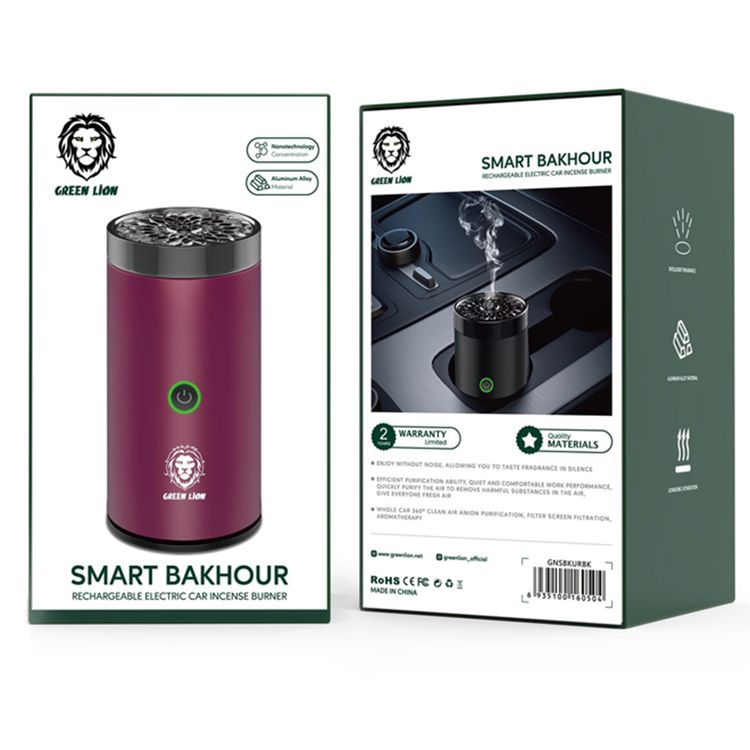 Green Lion Smart Bakhour Electric Car Incense Burner with Rechargeable Battery, Aluminum Alloy Material, Ultrasonic Atomization, Compact & Portable - Wine Red